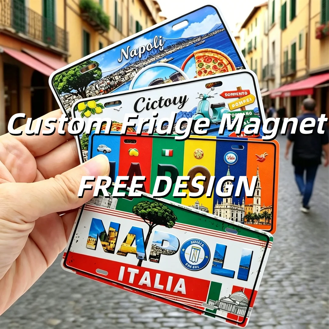 Imán de nevera metálico con diseño personalizado de diferentes países, imán de nevera de hojalata, imán de nevera decorativo de metal grabado con forma de matrícula