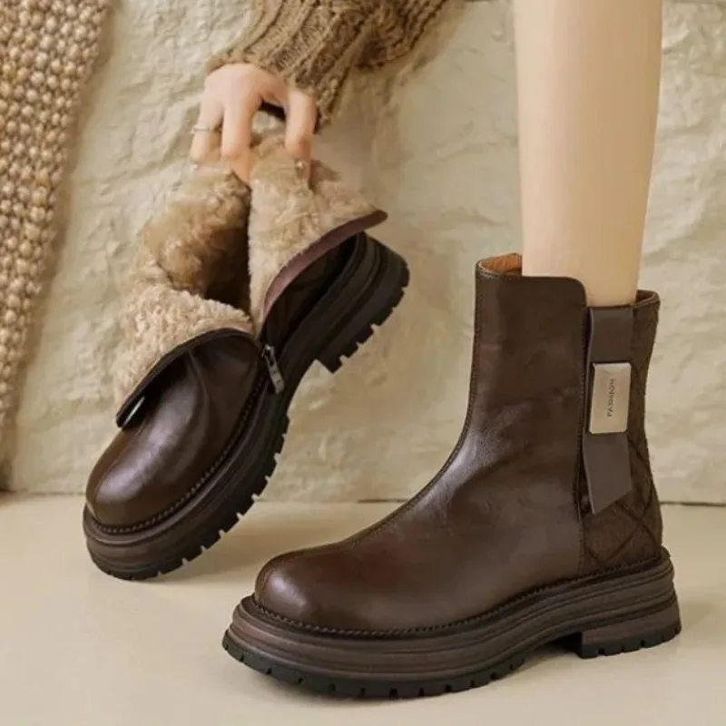 

High Quality Wool Warm Platform Leather Boots Autumn Winter New Women's Ankle Boots British Chelsea High Heels Ladies Snow Boot