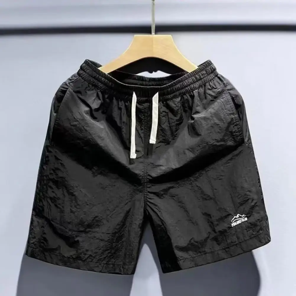 Loose Fit Men Shorts Men\'s Outdoor Basketball Shorts with Elastic Drawstring Waist Pockets Solid Color Letter for Streetwear