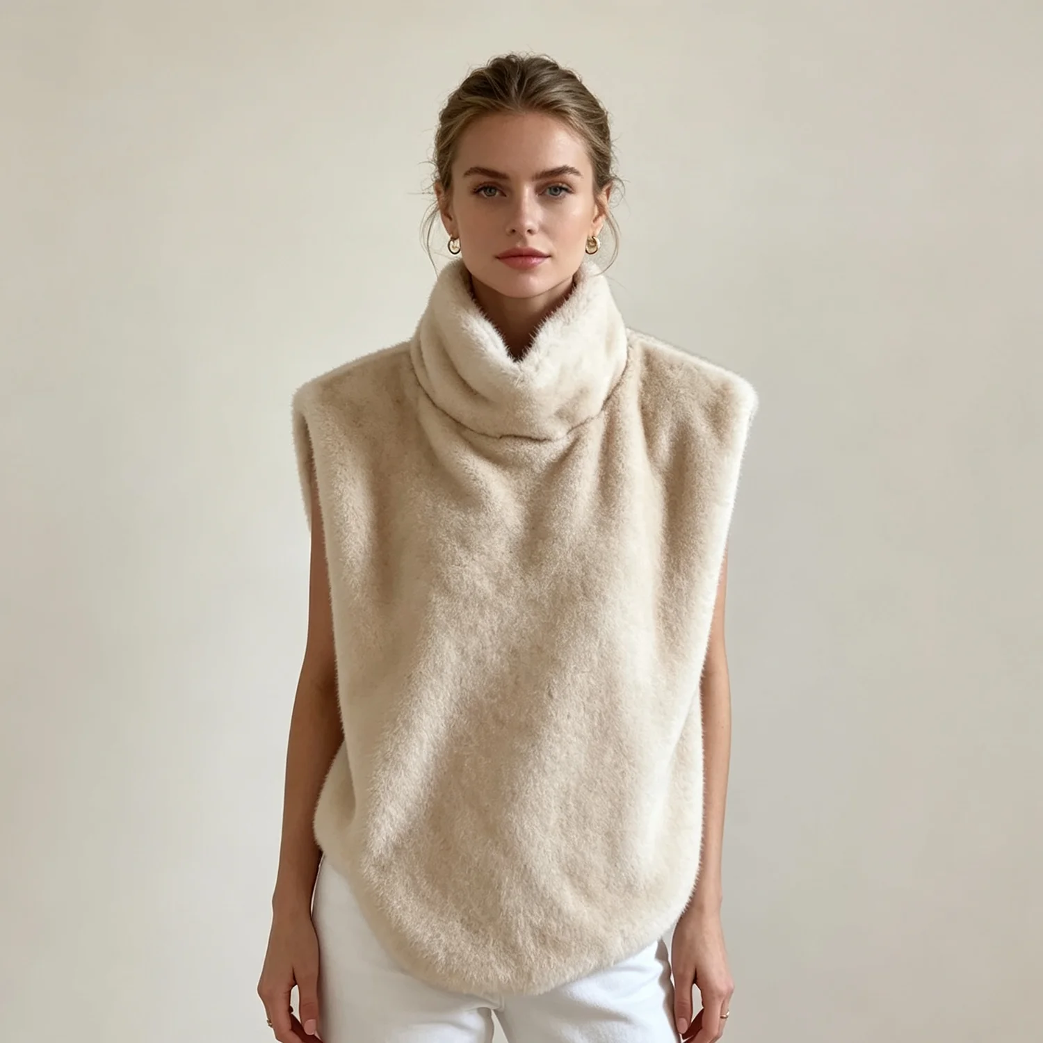 PUAL  2026 New Women Faux Fur Vest High Turtleneck Sleeveless Crop Gilet Winter Warm Elegant Streetwear Outer Waistcoat