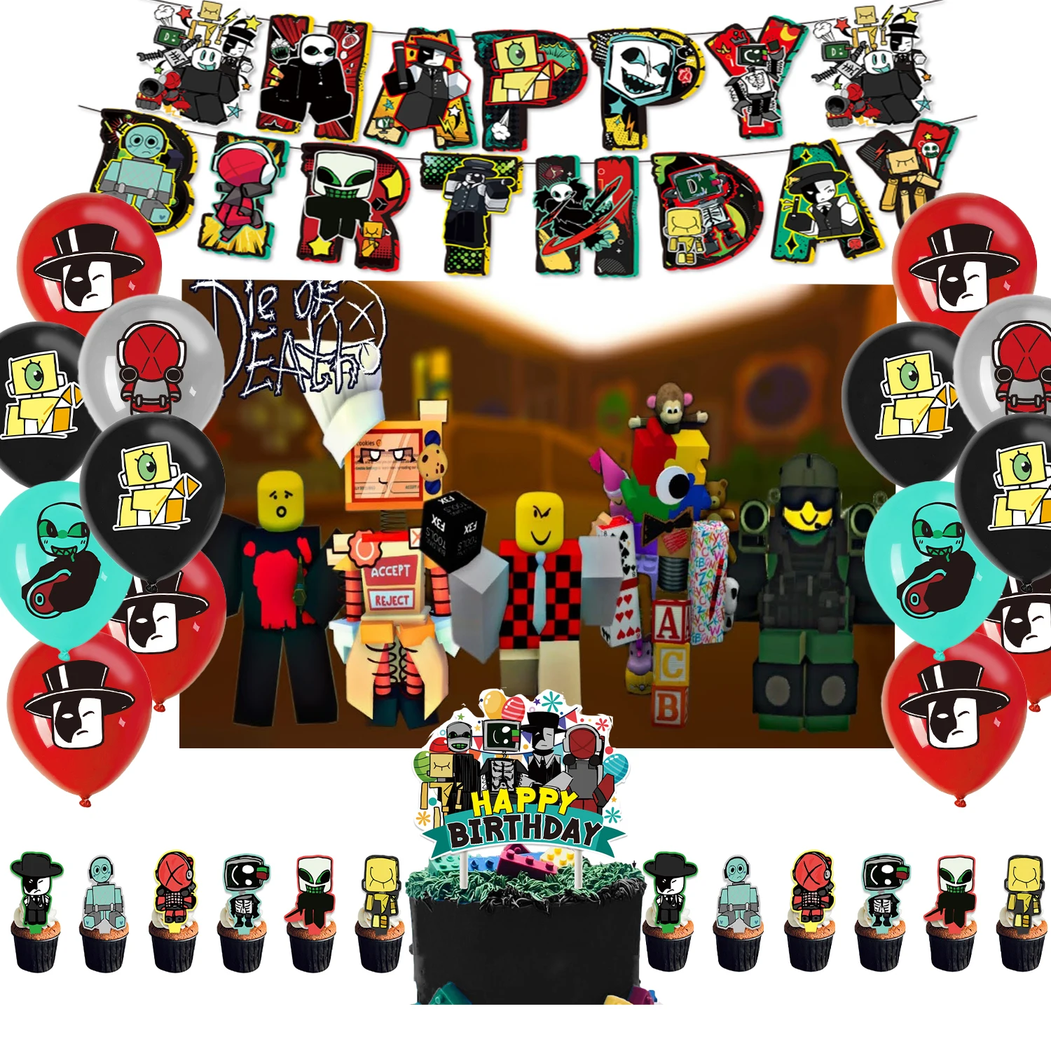 

Die of Death Theme Party Decoration Background Cake Topper Balloons Banner Supplies Photography Backdrop Props Game Fans Gifts