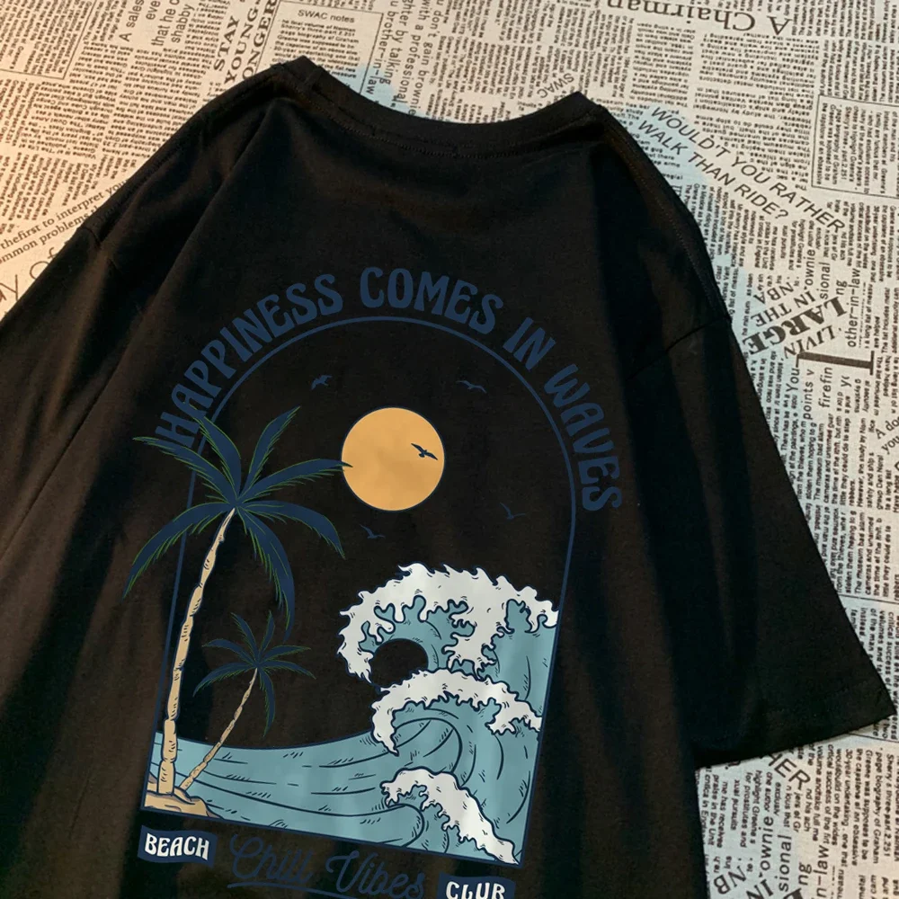 Happiness Comes in Waves Printing Men Lady Clothes Fashion Loose Tops Creativity Pattern Loose Tshirts Camisa Casual T Shirt