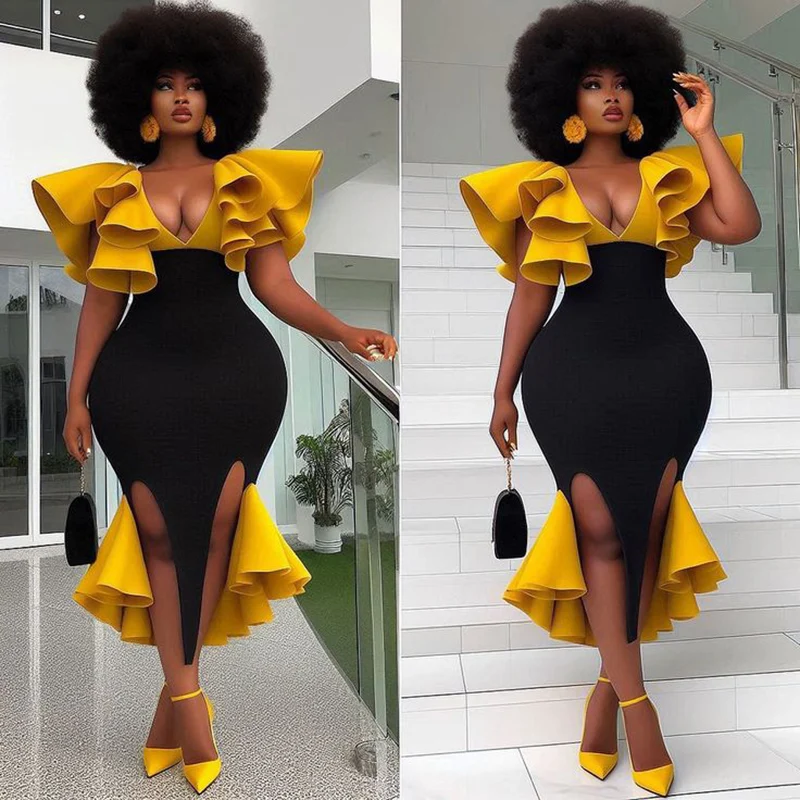 

Глубокий V-образный вырез Aso Ebi Пром платья Многоуровневые оборки с короткими рукавами Вечерние платья русалки Женская официальная одежда Коктейльное платье