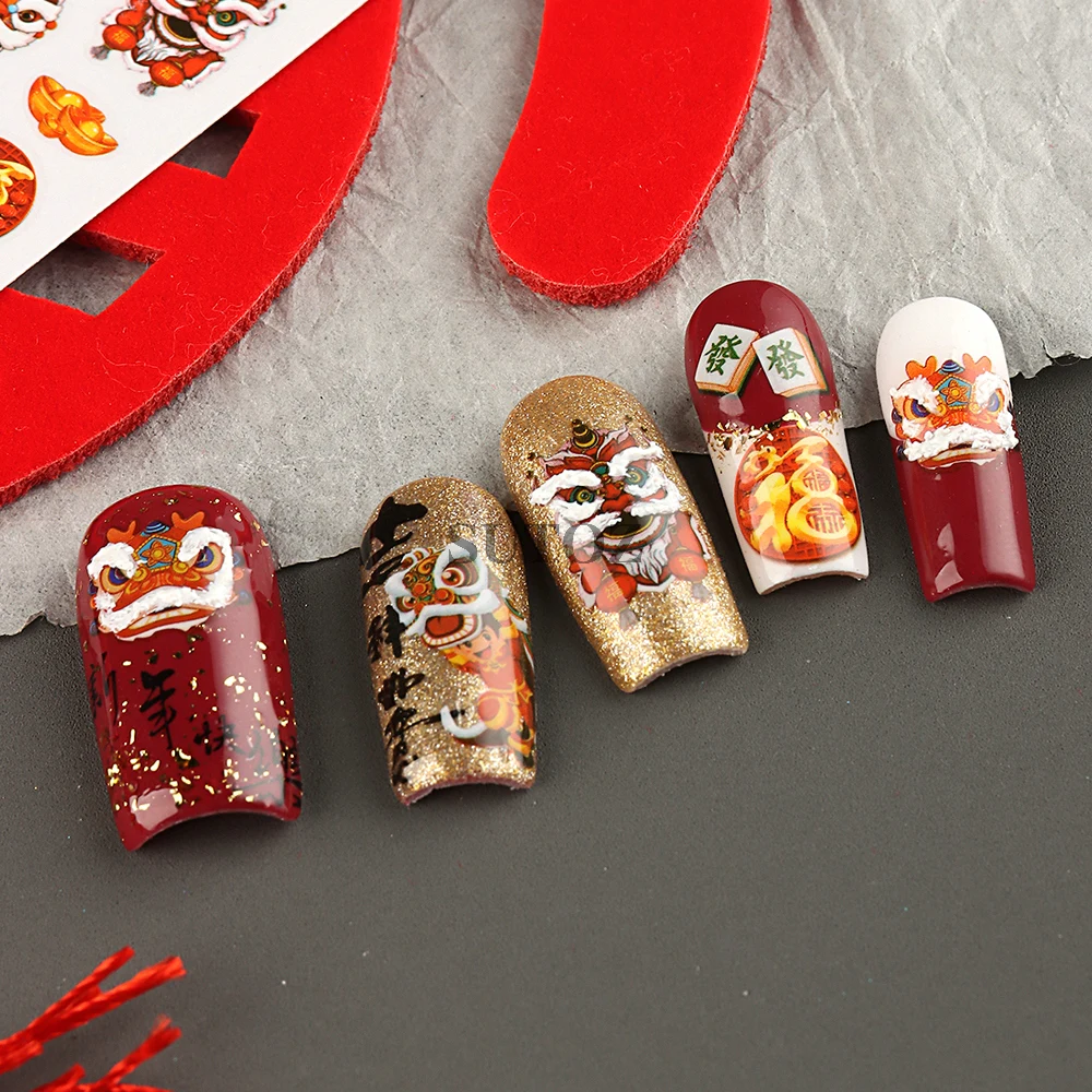 3d Nieuwjaar Leeuw Ontwaken Nagelstickers Schattige Cartoon Draak Knaller Vuurwerk Mahjong Nagel Stickers 2024 Manicure Decor F1016