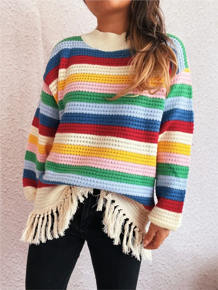 Colorful Striped Fashion Knitted Sweater Autumn Winter Retro Tassel Women's New Casual Round Neck Sweater Свитер Женский 3