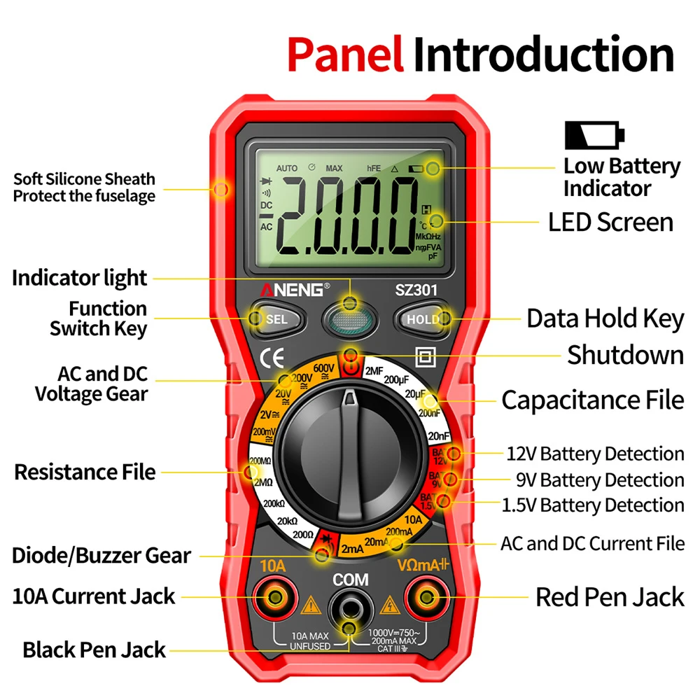 SZ301 SZ302 Digital Multimeter Professional Multimetro Auto Voltmeter AC DC 220V Resistance Voltage Capacitor Diode NCV Tester