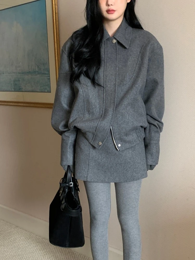 

Ey Зимний комплект Faion, женский винтажный свободный повседневный дют, пальто и юбка, костюм из двух предметов, длинный воротник на молнии све