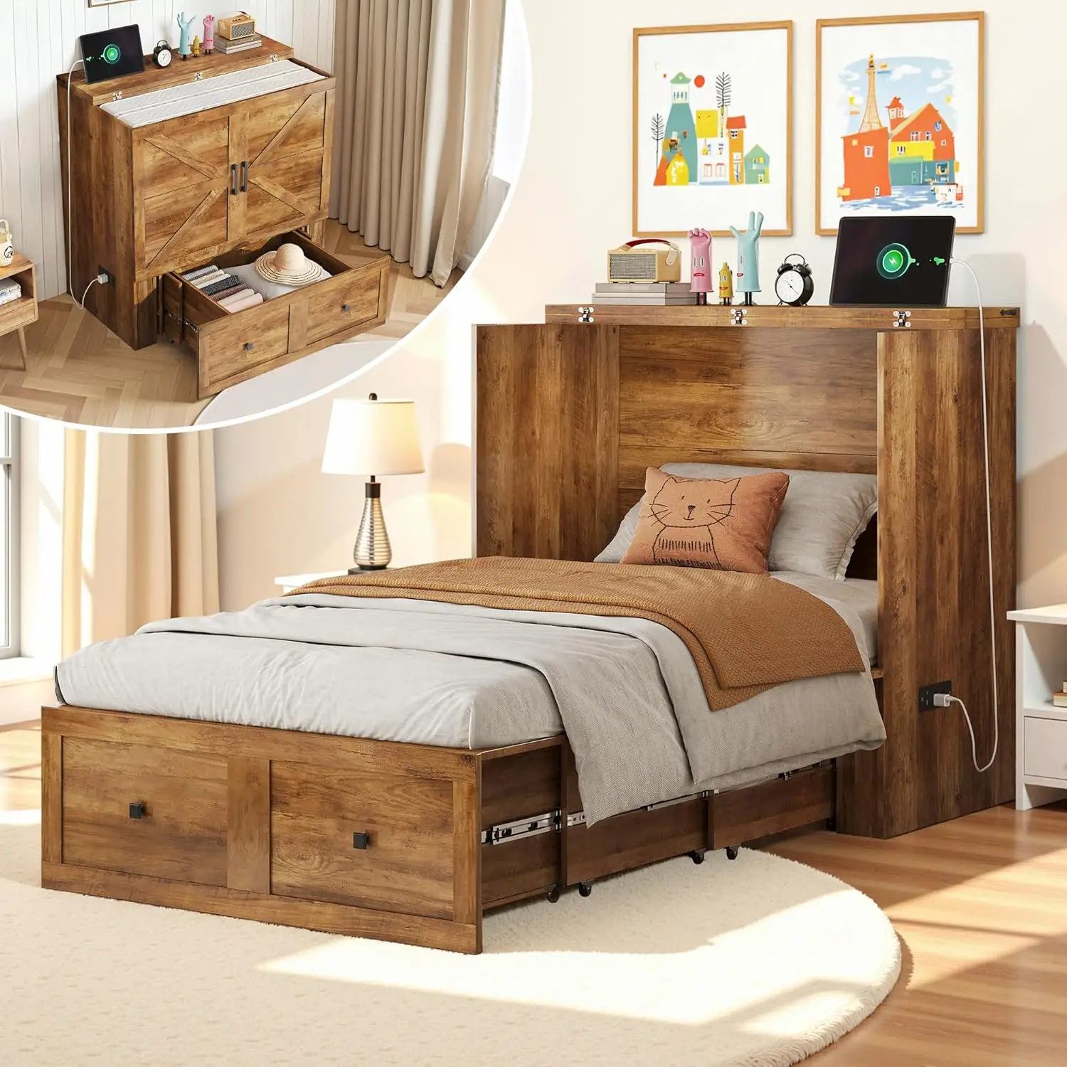 Twin Murphy Bed Cabinet with Charging Station and Storage Drawer, Farmhouse