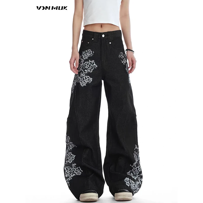 ZHIZOU American Pattern Embroidery Baggy Black Jeans Women High Street Vintage Y2K Hip Hop Fashion Casual Wide-leg Pants Autumn