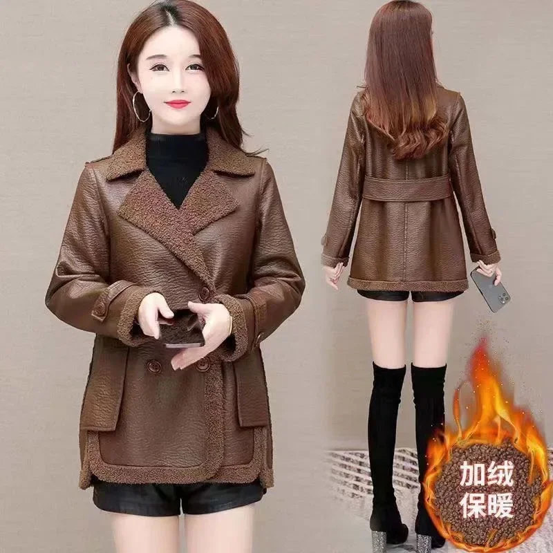 Leather Jacket Female Plush Thickened Autumn Winter Fur Integrated Coat Wearing Loose Leather Jackets On Both Sides
