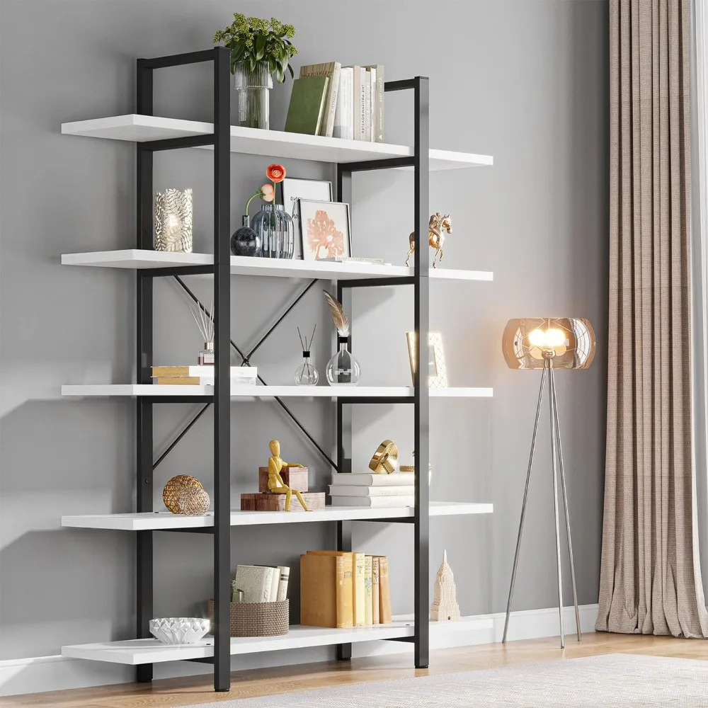 5-Tier Bookshelf, Vintage Industrial Style Bookcase 72 H x 12 W x 47L Inches,White