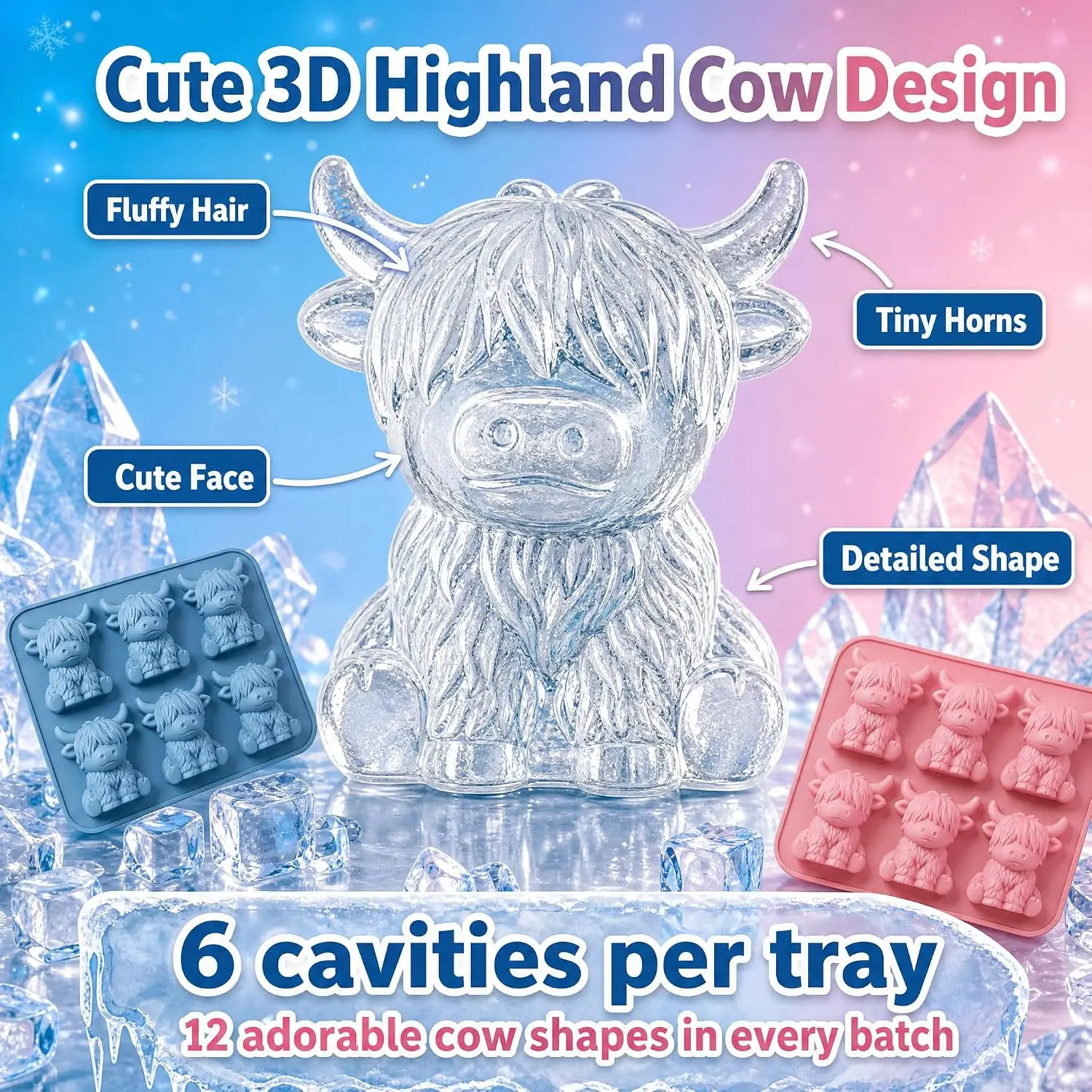 6-Cavity Ultra-Cute Highland Cow Silicone Ice Cube Mold Tray, 3D Cute Animal Shape for Chocolate, Candy, Jelly, Ice Cubes