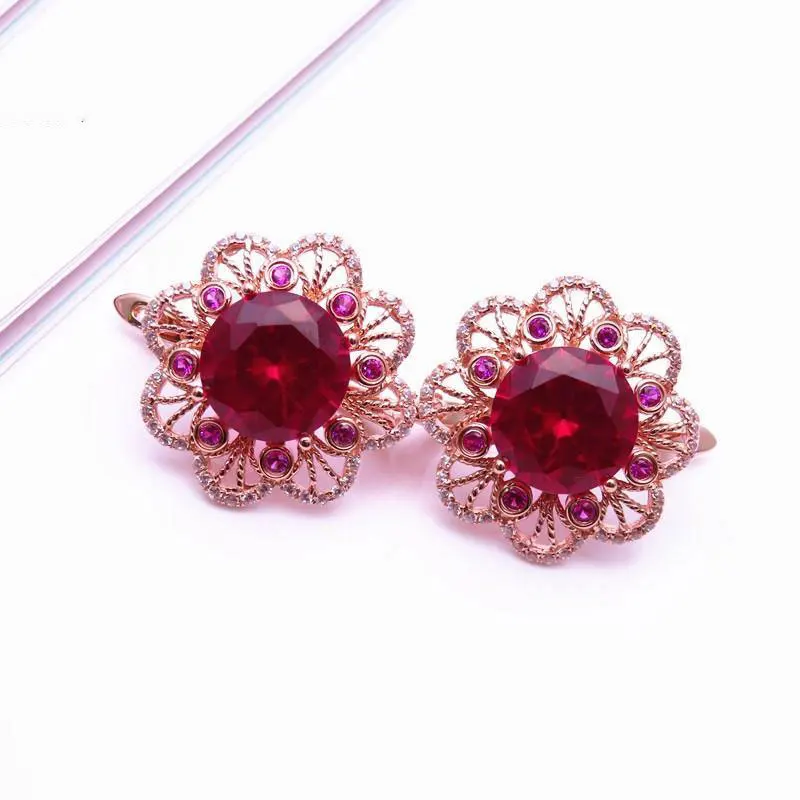 585 Purple Gold Ruby Flower Earrings for Women 14K Rose Gold Plated Luxury Exquisite Court Style Wedding Engagement Jewelry