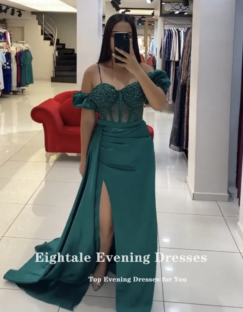 Eightale Green Evening Dress Satin Short Sleeves Beaded Mermaid Prom Gowns Customized Wedding Party Dress Vestidos De Noch