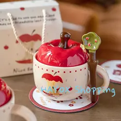 Christmas Apple Ceramic Cup, Vintage Girl's Apple Cup with Lid and Spoon Mug，Christmas Gift Coffee Couple Milk Breakfast Mugs