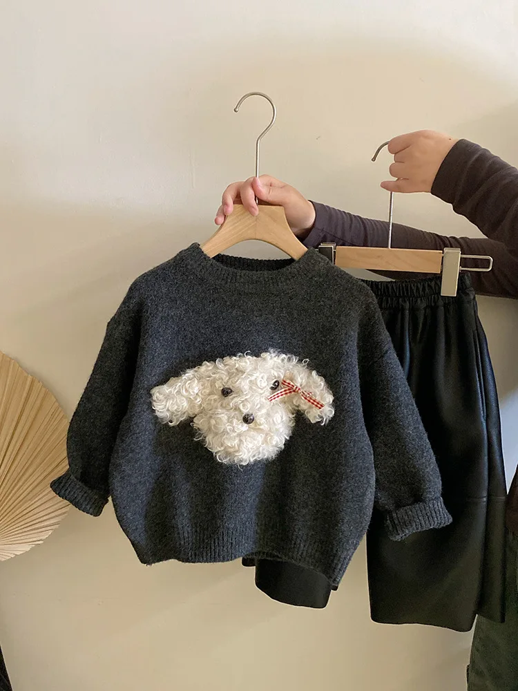 

Girls' Cute 3D Plush Puppy Knitted Sweater Autumn Winter New Fleece Warm Leather Pants Stylish Set