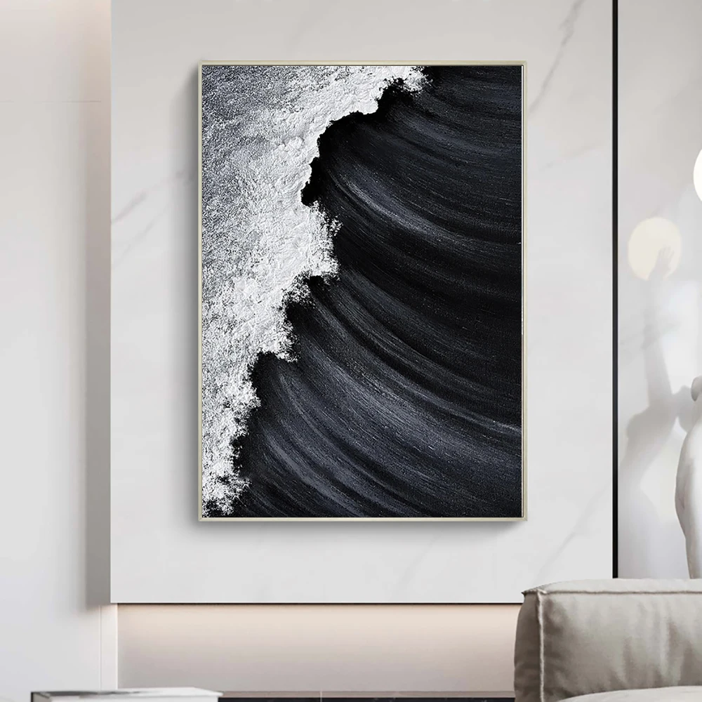 Thick Acrylic Black White Painting Canvas Art Hand Painted Abstract 3D Wave Wall Painting Art On Canvas Modern Home Decor Piece