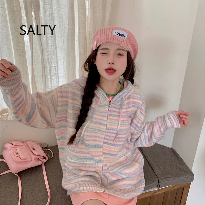 

New 2025 Cardigan Women Cute Colorful Striped Hooded Autumn and Winter Knitted Tops Casual Sweet Jacket Sweater Female