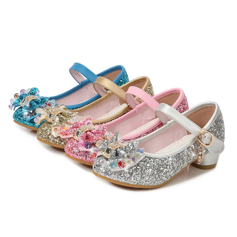 Princess Kids Leather Shoes for Girls Fashion Sequined Glitter Children High Heel Girls Shoes Butterfly Knot Blue Pink Silver
