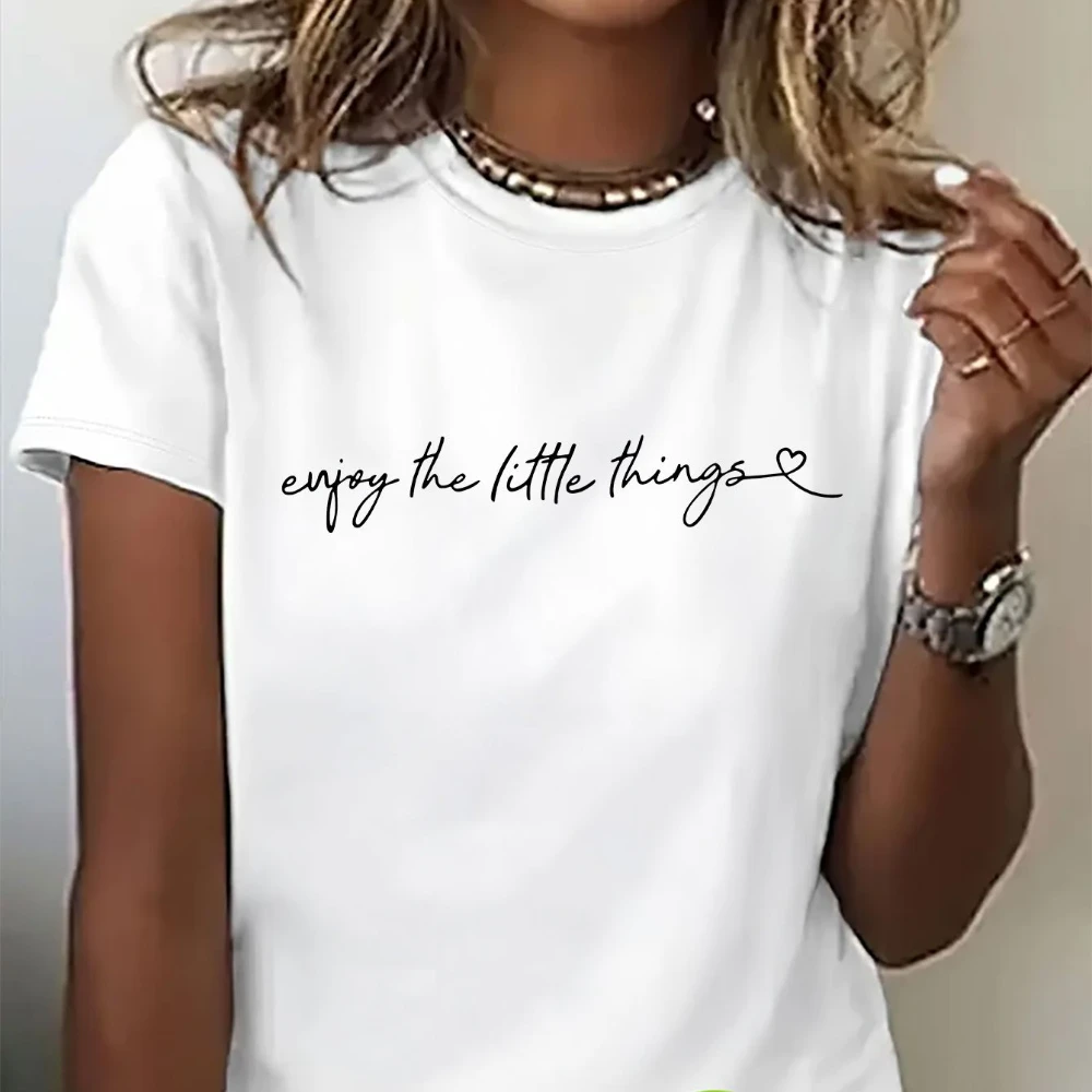 

Women's Casual Short Sleeve T-Shirt with "Enjoy the Little Things" Print - Black with White Cursive Lettering Ladies T Shirts