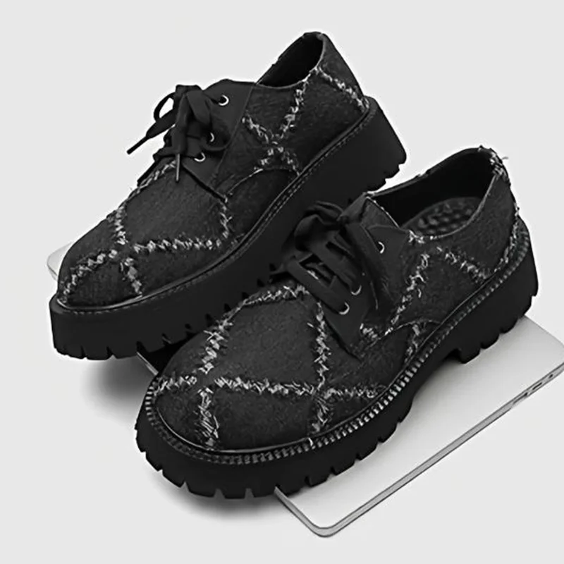 black canvas Big Roound Toe Derby Shoes Men Distressed Style Denim Shoes Fashion Lace-up Thick Soles Casual Shoes For Men