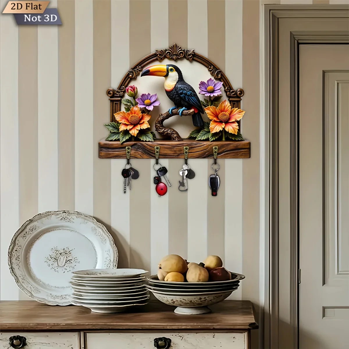 2D Flat, 1pc, Toucan Floral Retro Theme Key Hook, Wooden Multifunctional Home Key Rack, with Four Metal Hooks, Wall Decoration,