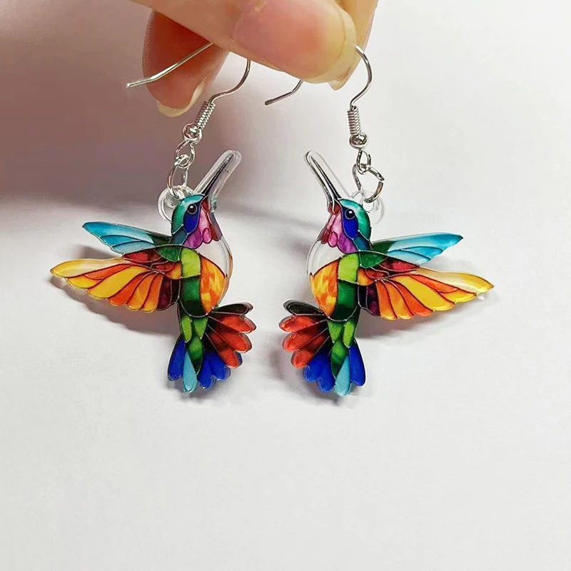 FTCY acrylique colibri boucles d'oreilles pour femmes Style rétro coloré oiseau boucles d'