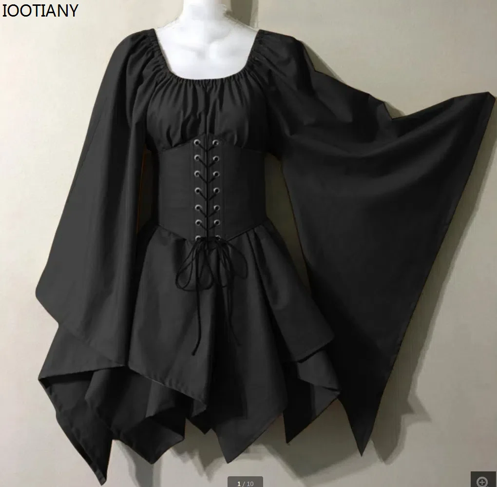 

Medieval Women Bell Sleeve Dress Halloween Renaissance Cosplay Costume Vintage Long Sleeve Elf Corset Waist Skirt Rave Outfits