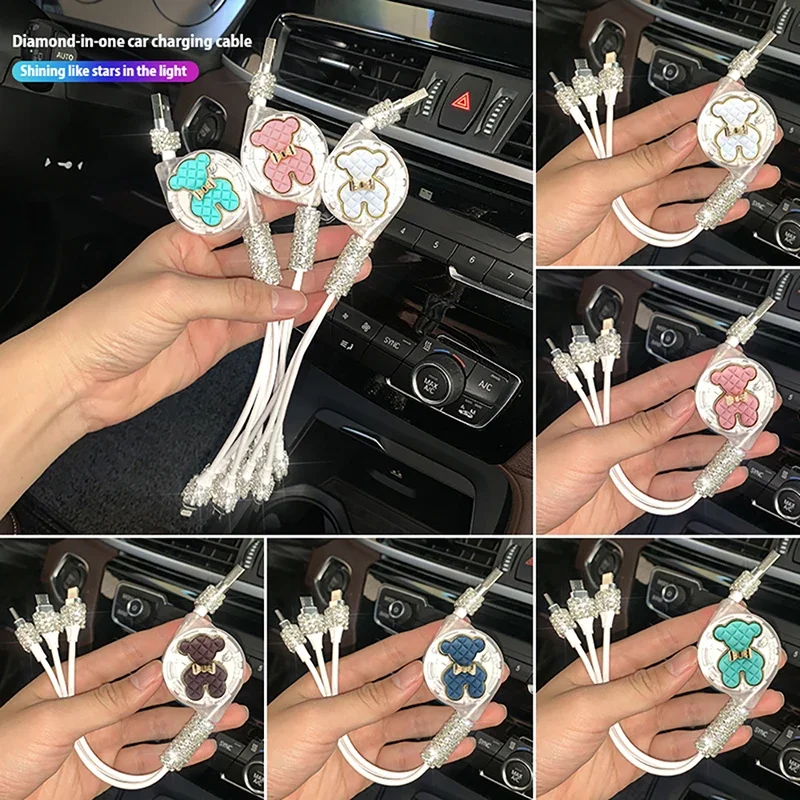 Crystal Diamond Bear Car Charger 1 in 3 Data Line Charming Cute Auto Fast Charging Bling Car Accessories for Android IPhone