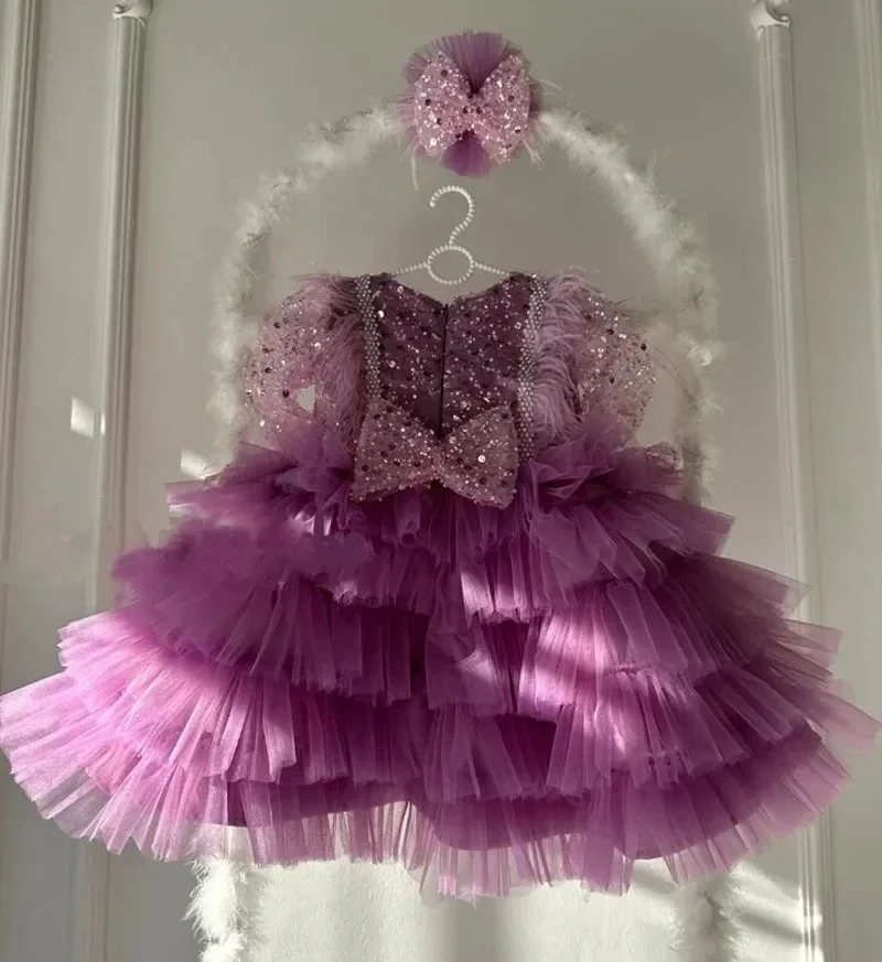 Geschwollene gestufte Blumen mädchen Kleid Tüll Pailletten Langarm knielangen Bogen Festzug Ballkleid Feder Baby Kinder Geburtstags feier Kleid