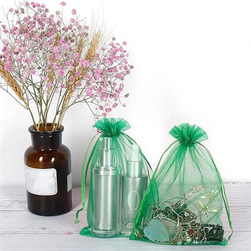 

B28C-100 Pieces Of Pearl Yarn Bags, Organza Bags, Christmas Candy Gift Bags, Green 8 X 10Cm