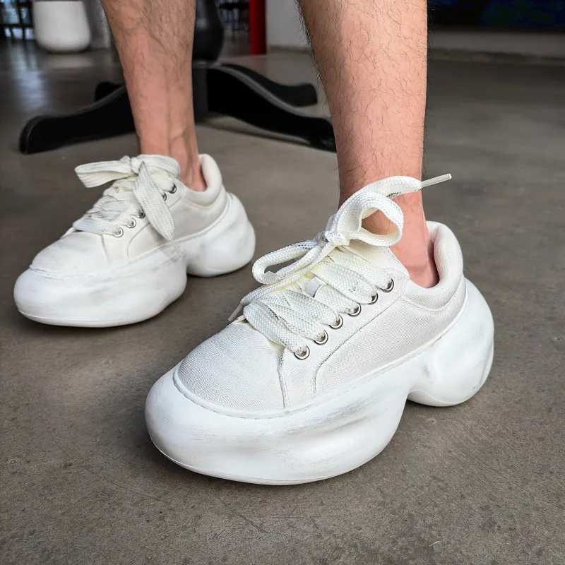 Handmade White Denim Thick Soled Platform Shoes Men's Vintage Fashion Height Increasing Trendy Work Walking Sport Shoes Male