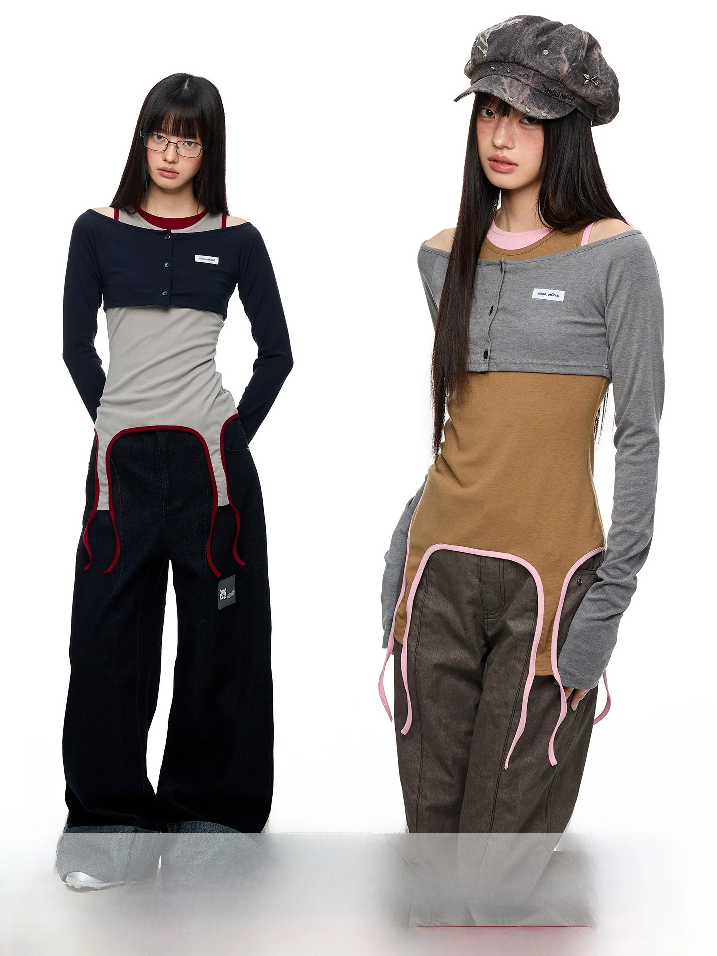 

JIKOO Women's Slim Fit Long Sleeve Knitted T-Shirt Top Design Sensation Layering Two-Piece Set Casual Style Polyester Blend