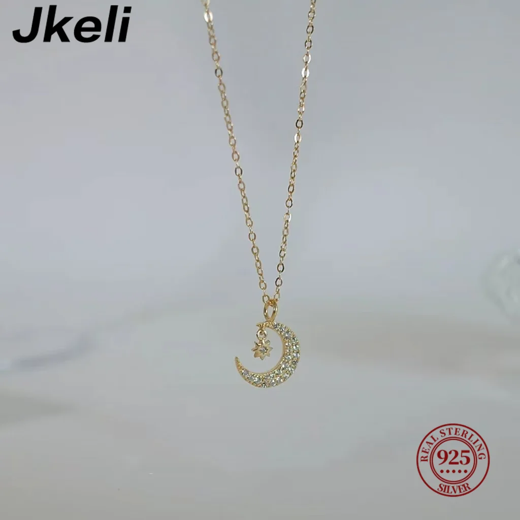 

Jkeli S925 Sterling Silver Plated Gold Star Moon Necklace for Women with Fine Micro-Paved Zircon Diamond Pendant Clavicle Chain