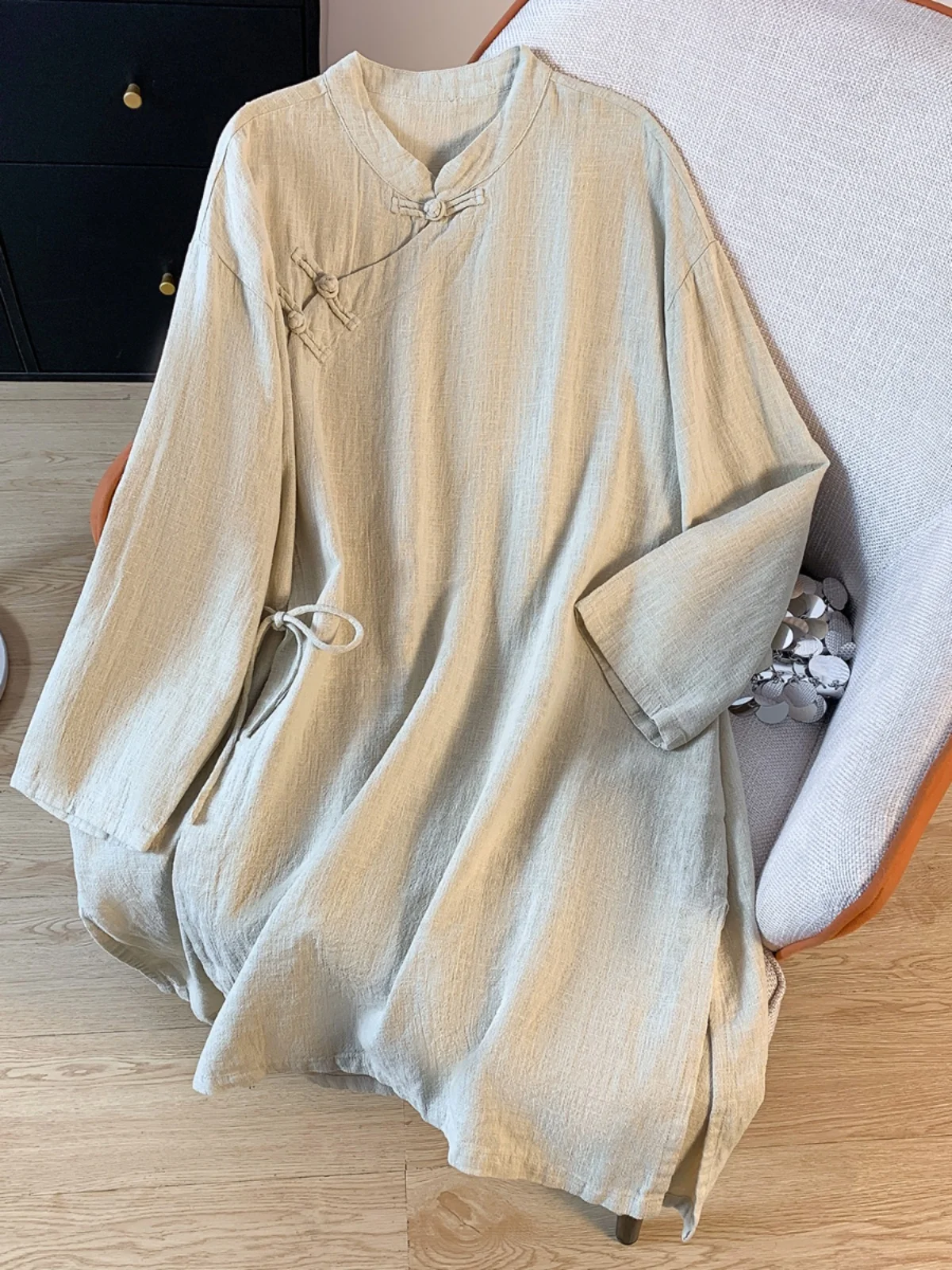 جديد الصينية Sle المرأة الكتان irt أوائل الخريف خمر الوطنية Sle البوذية زن القطن الكتان ميدي أعلى زر حتى طويل S... #2