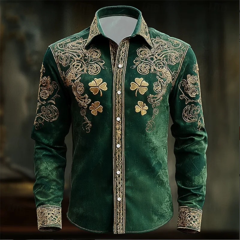 New Men's Floral Long Sleeved Shirt with Gold 3D Clover Print, Fashionable and Luxurious Long Sleeved Shirt Top