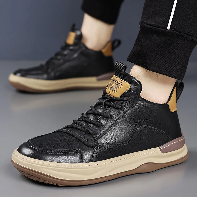 

Mens Black Genuine Leather Fur Lined Mid Top Sneakers Warm Winter Shoes With Beige Accent For Outdoor Daily Street Style New