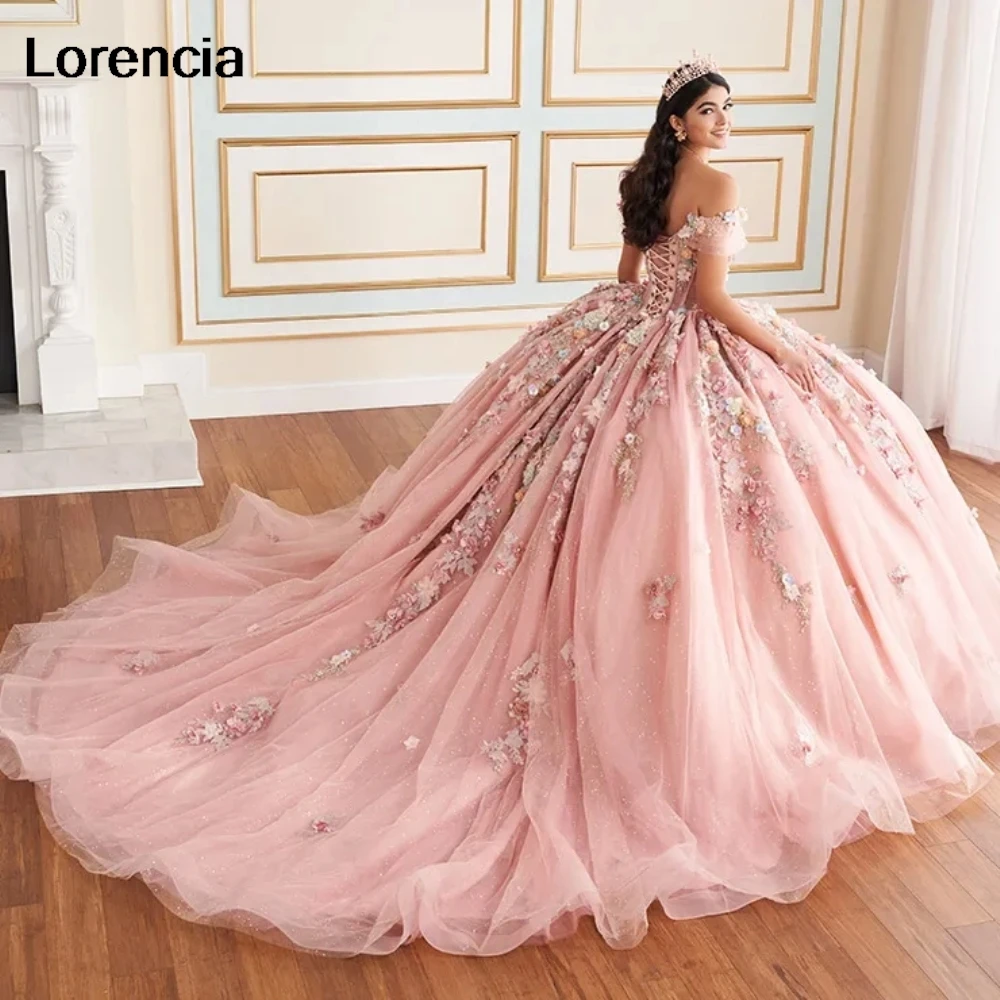 Lorencia-vestido De quinceañera rosa brillante, vestido De baile, apliques De encaje Floral 3D, corsé con cuentas, dulce 16, 15 Años, YQD986