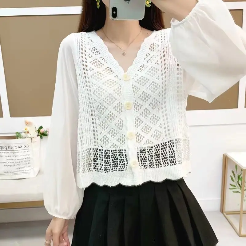 새로운 크로셰 여름 경량 니트 가디건 오픈 프론트 자외선 차단 속이 비치는 레이스 스플라이싱 루즈 탑 셔츠