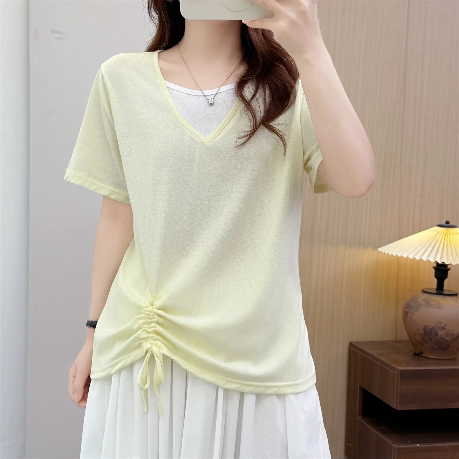 

2026 Summer Plus Size Fake Two Piece T-shirt Women Color Block Spliced Drawstring Hem Short Sleeve Casual Tops For Ladies 3014