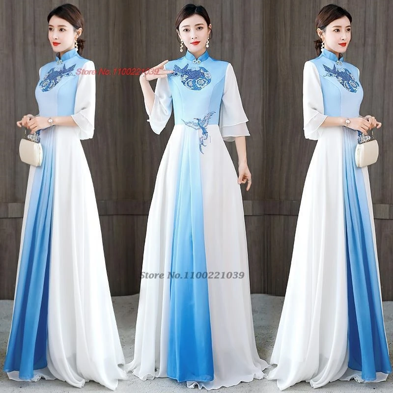 2025 traditional chinese vintage dress women improved cheongsam national flower embroidery qipao banquet evening dress vestido