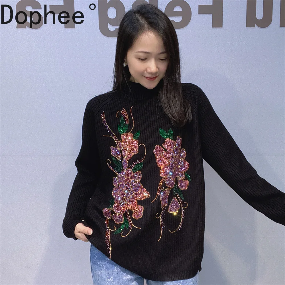 

Half High Collar Loose Women Knitted Pullover Top All-match Flowers Diamonds Long Sleeve Sweater Casual Knitting Basic Shirts