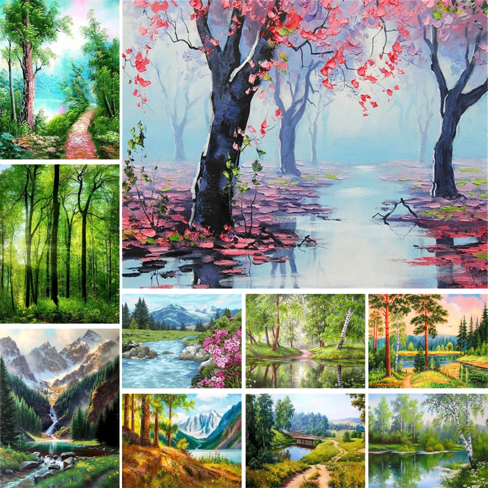 Landscape Tree Printed Fabric Cross Stitch DIY Embroidery Complete Kit Sewing Handmade Hobby Handiwork Sales Counted Promotions