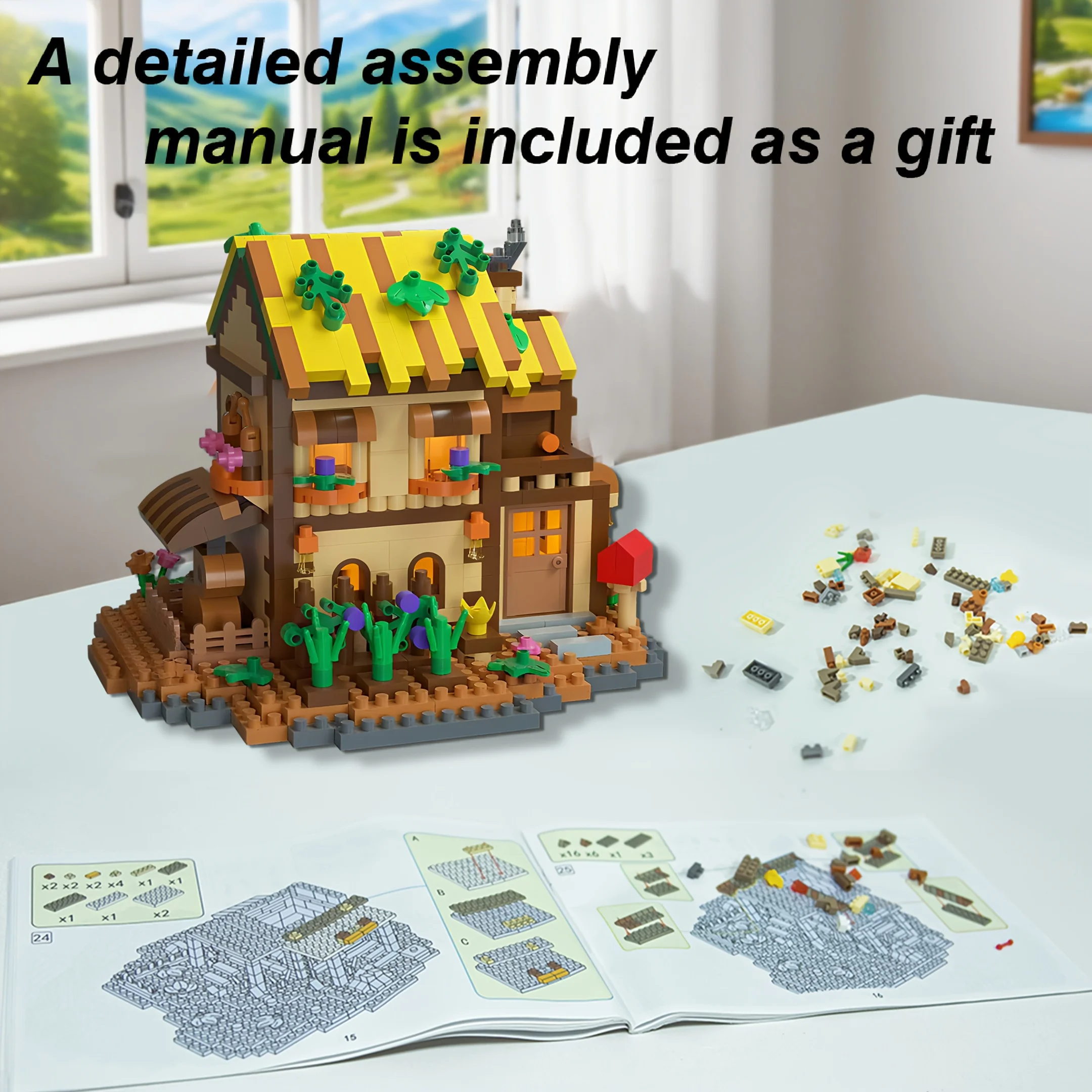 834+ Micro-Particle Secret Garden Holzhaus, warmes Bausteinset, Geschenkbox, Mini-Landschaft