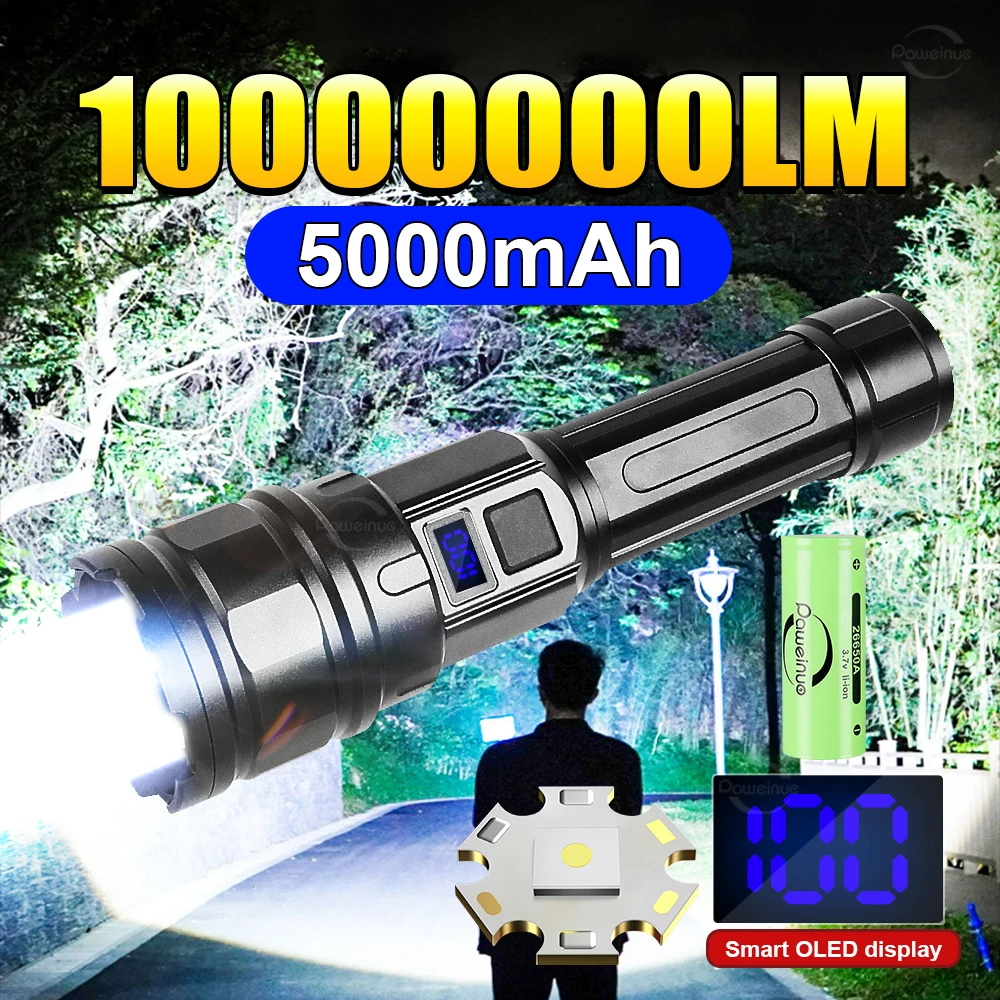 1000000LM High Power LED Flashlights 5000mAh Rechargeable LED Flashlight Outdoor Ultra Powerful Torch Alloy Emergency Lantern