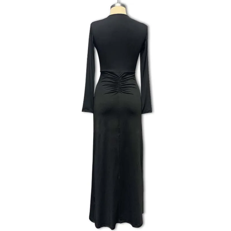 SKMY Sexy Deep V-Neck Pleated Long Sleeved Elegant Party Long Dress For Women