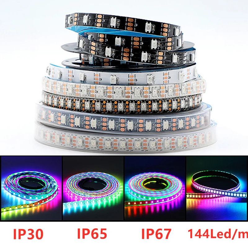 Taśma Led DC 5V RGB WS2812B indywidualnie adresowalna 1m - 5m 2812 inteligentne piksele wodoodporna IP30/65/67 Led Light czarny biały PCB