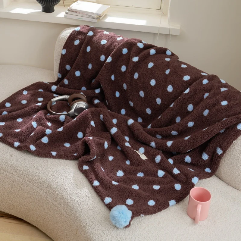 Cute Pom Pom Ball Polka Dot Plush Blanket Lightweight Cozy Fuzzy Throw Vintage Blanket for Bedroom Living Room Reading Nook Gift