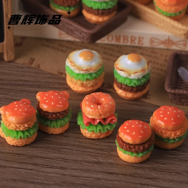 10 Pcs Simulation Miniature Food Toy Egg Beef Burger Resin DIY Keychain Pendant Handmade Material Car
