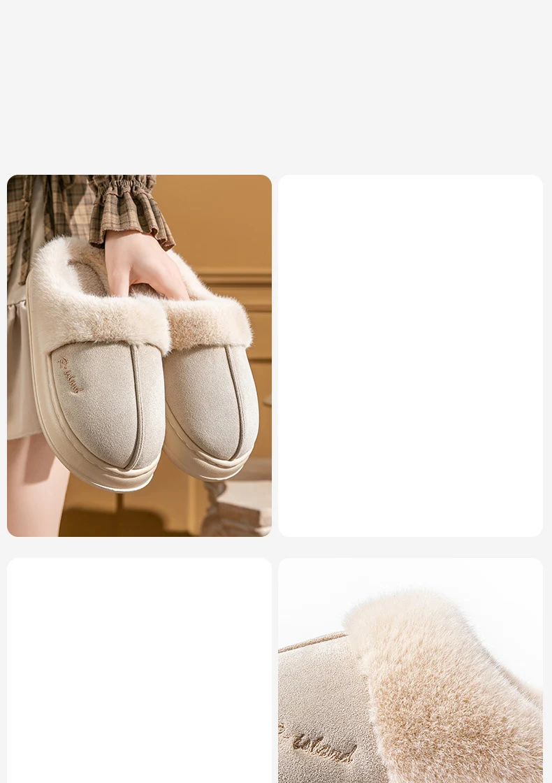 Shevalues Winter-Hausschuhe mit Plüschfutter für Damen, dicke Sohle, rutschfest, für den Innenbereich, bequeme Hausschuhe mit Fellbesatz. – Detail 28